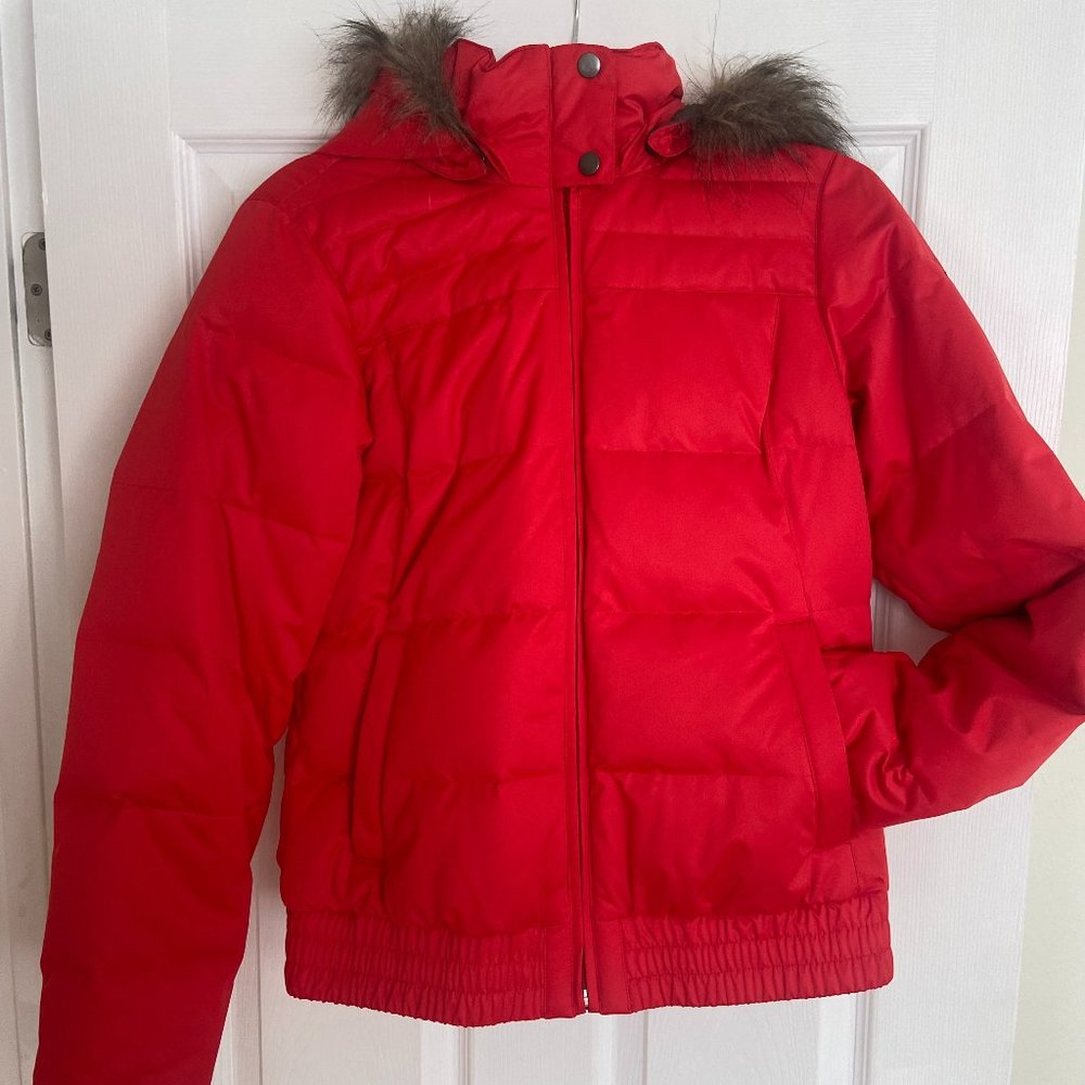 COLUMBIA Hooded Puffer Down Jacket Removable Faux Fur Women's Small Red
